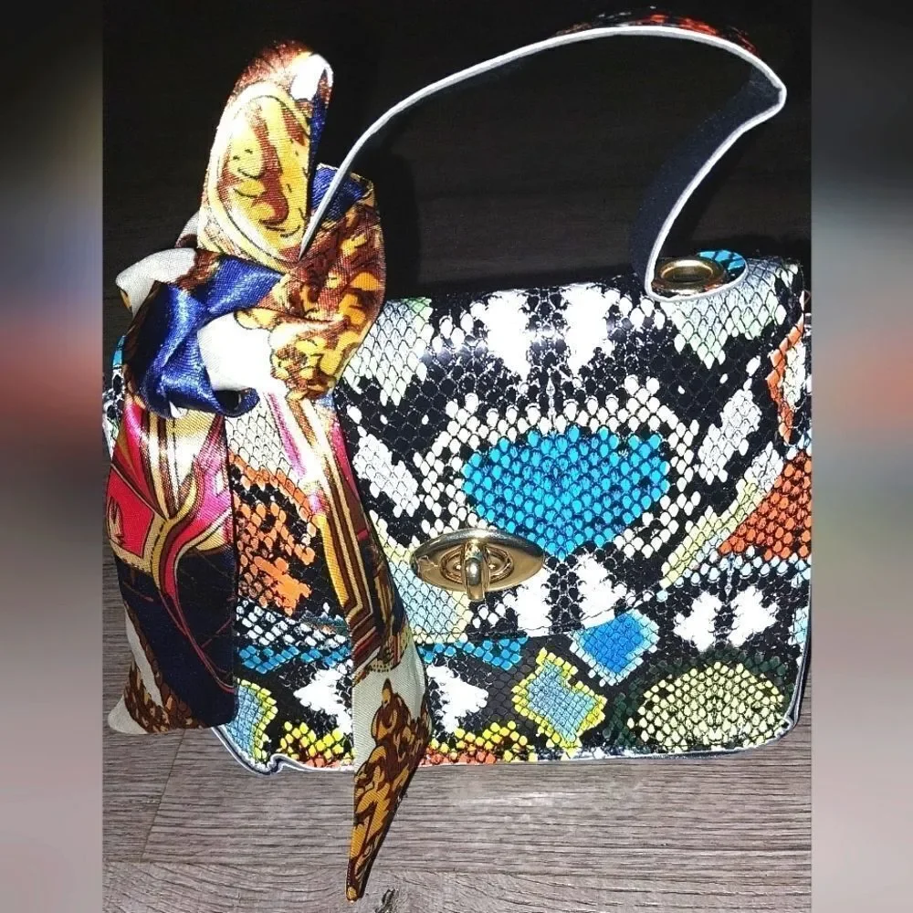 Women's Mini Snakeskin Embossed Handbag, Twilly Scarf Decor Flap Square Purse